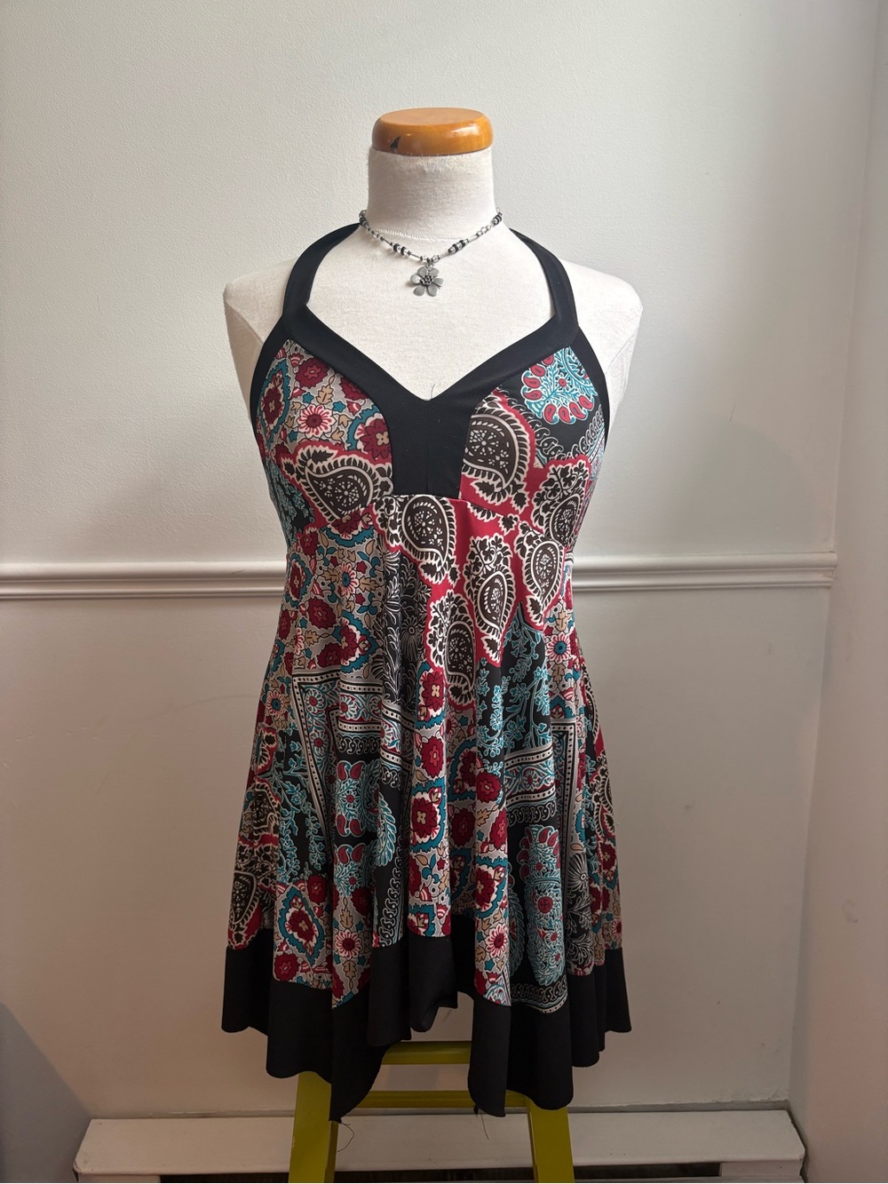 Suzy Shier Black Halter Paisley Tank Dress with Red and Teal Accents